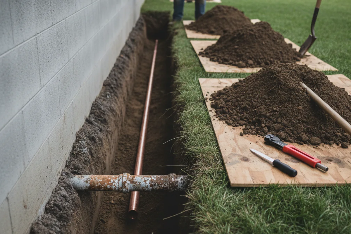 Excavated water line trench during Water Heater Repair in Unicoi